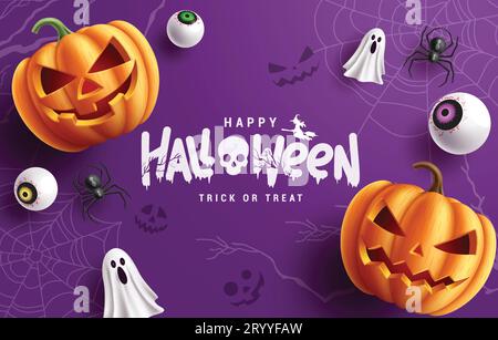 Happy halloween Text Vektor Design. Halloween Trick or Treat Grußkarte mit Kürbislaterne Dekorationselementen in lila Hintergrund. Vektor Stock Vektor