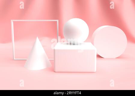Abstrakte 3D-Geometrieform auf rosafarbenem Hintergrund. Mock-Up- und Werbepräsentationskonzept. Schönheit und Kosmetik Stockfoto