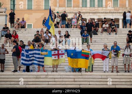 Demonstration zur Unterstützung der Ukraine auf dem Syntagma-Platz in Athen, Griechenland am 14. August 2023 Stockfoto