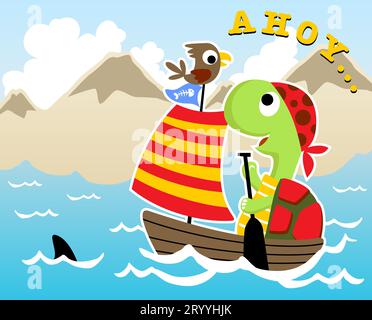 Lustige Schildkröte und Vogel auf Segelboot, Haiflosse im Wasser, Berge Hintergrund, Vektor-Karikaturillustration Stock Vektor