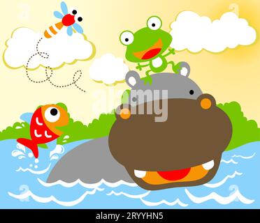 Lustige Flusspferde und kleine Freunde im Sumpf, Vektor-Zeichentrickillustration Stock Vektor