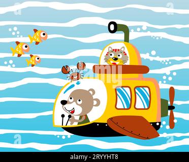 Lustige Katze und Bär auf U-Boot erkunden Unterwasser mit Meerestieren, Vektor-Zeichentrickillustration Stock Vektor