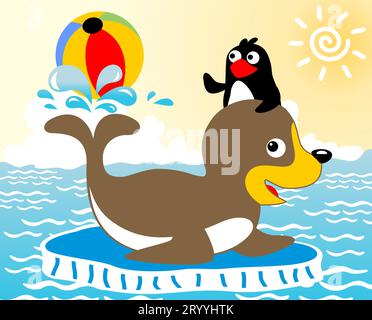Vektor-Cartoon von einem Segel und einem Pinguin im kalten Meer spielen Ball Stock Vektor