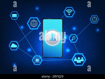 Smartphone-Technologie mit dem Internet verbunden mit Technologiesymbolen Smartphones, die personenbezogene Daten über das Internet verwenden, sind gesicherte Informationen. i Stock Vektor