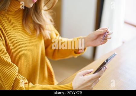 Frau shoppingÂ auf Laptop mit Kreditkarte für Internet Online-E-Commerce-Einkaufen Geld ausgeben Online-Einkaufen Handy-Telefon Stockfoto