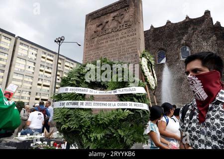 Mexiko-Stadt, Mexiko. Oktober 2023. 2. Oktober 2023, Mexiko-Stadt, Mexiko: Gedenkstätte für die Studenten, die beim Massaker von Tlatelolco 1968 auf dem Platz der drei Kulturen in Mexiko-Stadt ermordet wurden. Am 2. Oktober 2023 in Mexiko-Stadt, Mexiko (Foto: Luis Barron/Eyepix Group). Quelle: Eyepix Group/Alamy Live News Stockfoto