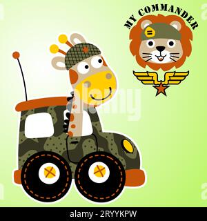 Niedliche Giraffe, die Militärauto fährt, niedlicher Löwe, der Armee Baskenmütze trägt, T-Shirt-Design, Vektor-Karikaturillustration Stock Vektor