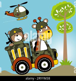 Niedlicher Bär und Giraffe tragen Militärhelm auf Tarnwagen, Militärhubschrauber, Vektor-Karikaturillustration Stock Vektor