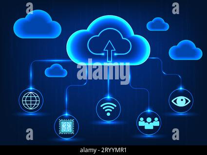 Smart Technology Circuit, verbunden mit Cloud-Technologie, die Daten über ein sicheres Internet-System auf der Rückseite sendet, ist ein numerischer Code, der entlang läuft Stock Vektor