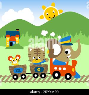 Niedliche Tiere auf Dampfeisenbahn, ländlicher Hintergrund, Vektor-Karikaturillustration Stock Vektor