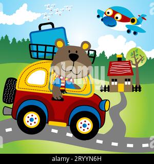 Netter Bär, der Auto innerhalb der Homecoming-Reise auf ländlichem Hintergrund fährt, lustiges Flugzeug fliegt, Vektor-Karikaturillustration Stock Vektor