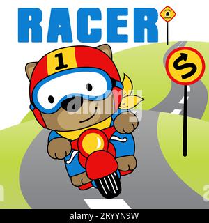 Niedlicher Bär, der ein Motorrad auf der Straße fährt, Vektor-Zeichentrickillustration Stock Vektor