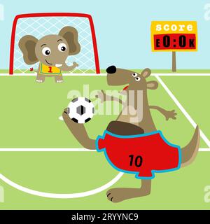 Lustiges Känguru mit Elefant, der Fußball spielt, Vektor-Zeichentrickillustration Stock Vektor