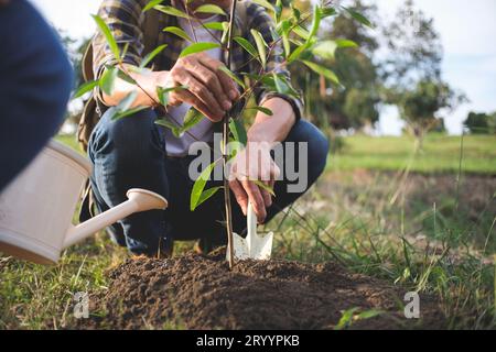 Junger Mann Gärtner, Baum im Garten Pflanzen, Gartenarbeit und Bewässerung von Pflanzen Stockfoto