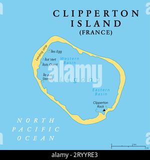 Clipperton Island, politische Karte. Auch bekannt als Clipperton Atoll, ist ein unbewohntes französisches Korallenatoll im östlichen Pazifik. Stockfoto