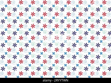 Nahtloses Vektormuster. Moderne, stilvolle abstrakte Textur. Geometrische Formen aus gestreiften Elementen wiederholen. Blütenform rot, marineblau, blau, grün. Stock Vektor