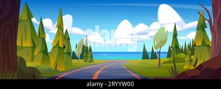 Asphaltstraße mit Bäumen und Tannen an den Seiten führt zum Meer. Cartoon-Vektorlandschaft mit Ozean oder See am Horizont und Autobahn zum Wasser. Grüne Natur und blauer Himmel mit Wolken für Sommerurlaub Konzept. Stock Vektor