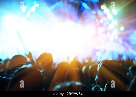 Rockkonzert mit Silhouetten, Menschen in fröhlicher Geste und Hände heben, um Sänger aufzuheitern. Unterhaltung und Menschenkonzept Stockfoto