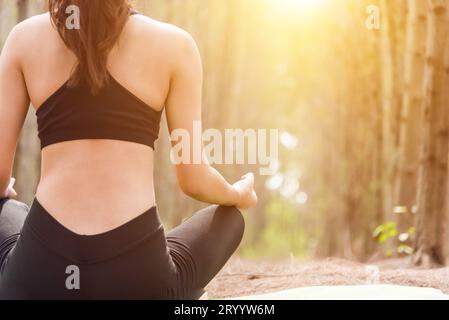 Rückansicht einer wunderschönen Frau, die in friedlichem Naturwald Yoga spielt. Lifestyle und Meditation. Gesunde und geistige tr Stockfoto