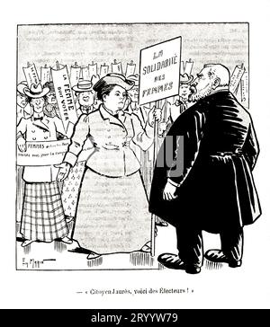 1905 c. , Paris , FRANKREICH : die französische feministische Politikerin , Suffragette , Aktivistin für Bürgerrechte , Abtreibungsbefürworterin und Ärztin MADELEINE PELLETIER ( 1874 - 1939 ). Sie war die erste Ärztin, die in Frankreich Psychiatrie absolvierte. Satirische Karikatur veröffentlicht in einer französischen humorvollen Zeitung in der Pelletier gezeigt wird und ihre Suffragette - Wähler dem Politiker Jean Jaurès ( Präsident der französischen Sozialistischen Partei 1905 ) anbietet er sollte auch zum Präsidenten der Republik gewählt werden , wenn nur Frauen das Wahlrecht in Frankreich hätten . Karikaturskizze von E. Marin. - SUFFRAGIO UNIVERS Stockfoto