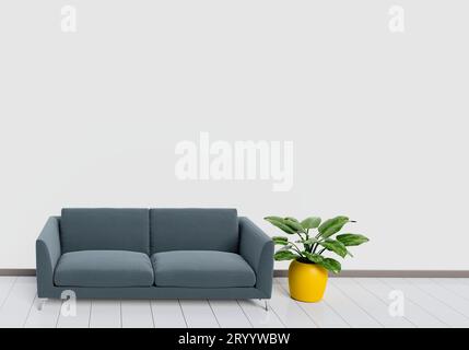 Moderne Inneneinrichtung des Wohnzimmers mit schwarzem Sofa, weißem und hölzernem Hochglanzboden und Topf. Haus- und Wohnkonzept. Stockfoto