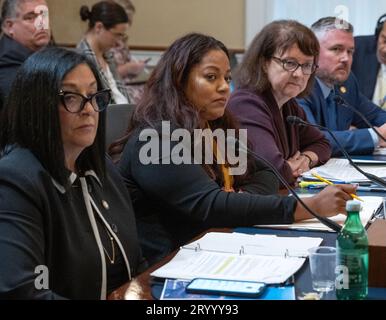 Von links nach rechts: Joann Ariola, New York City Council Member (R-District 32), Ozone Park, New York; Jaime Williams, Assembly, mitglied (D-59th District), New York State Assembly, Brooklyn, New York; Eleanor Acer, Senior Director, Refugee Protection, Human Rights First, New York, New York (Minderheitenzeugen); und Kenneth Spencer, Vorsitzender des United States Park Police Fraternal Order of Police, Washington, DC, bezeugen vor dem US House Committee on Natural Resources die Anhörung „Destroying America's Best Idea: Prüfung der Nutzung von Ländereien des Nationalparkdienstes durch die Biden-Verwaltung für Migrantenlager“ Stockfoto