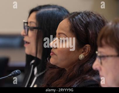 Jaime Williams, Abgeordneter (D-59th District), New York State Assembly, Brooklyn, New York, Mitte, sagt vor dem United States House Committee on Natural Resources (Ausschuss für natürliche Ressourcen) aus, der „Destruying America's Best Idea: Examining the Biden Administration's Use of National Park Service Lands for Migrant Camps“ im Longworth House Office Building am Capitol Hill in Washington, DC, USA am Mittwoch, den 27. September 2023. Es geht um den geplanten Schutz für Migranten am Floyd Bennett Field, einem Flugplatz im Marine Park im Südosten von Brooklyn in New York City. Foto von Ron Sachs/CNP für NY Po Stockfoto