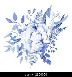 Aquarellkomposition in blauer Farbe aus Baumwolle, verschiedenen Eukalyptusarten, getrockneten Blüten und Farn Stockfoto