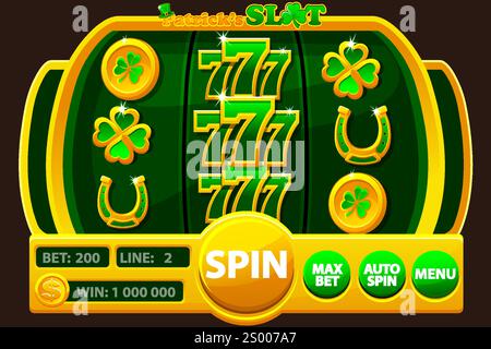 UI-Spielautomat mit Knöpfen und Symbolen zum Thema St. Patricks Day. Slots-Symbole: 777, Klee, goldene Glücksmünze und Hufeisen Stock Vektor