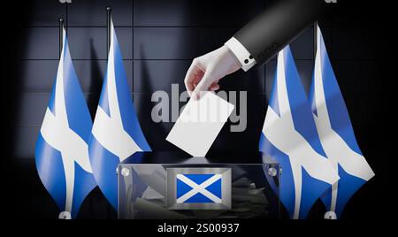 Schottland - Flaggen und Wahlurne - Abstimmung, Wahlkonzept - 3D-Illustration Stockfoto