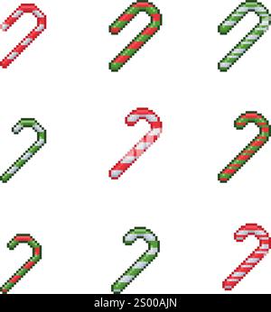 Pixelkunst-Süßigkeiten-Zuckerrohr-Sammlung. Stickerei-Set mit weihnachtlichem Süßfleischdesign isoliert auf weißem Hintergrund Stock Vektor