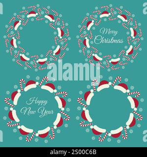 Weihnachtsmützen, Zuckerrohr, Schneeflocken und Frohe Weihnachten, Happy New Year-Schriftzug Circle Frame Set 4. Bereichsvorlage kopieren. Isolierte Vektor-Illustration Thematische Karten oder Web-Promo-Broschüre, Banner, Tag Stock Vektor