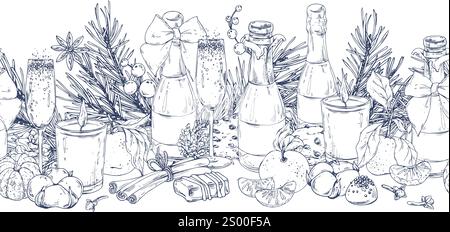 Weihnachtliche Einrichtung mit Mandarinen und Champagner. Süßigkeiten und Tannenzweige. Grafische Abbildung, handgezeichnet mit schwarzer Tinte. EPS-Vektor für nahtloses Rahmenmuster Stock Vektor