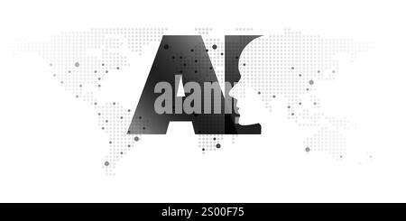 Transparentes maschinelles Lernen in Schwarzweiß, Künstliche Intelligenz, Cloud-Computing und Netzwerkdesign-Konzept mit gepunkteter Weltkarte, Robotergesicht, Stock Vektor