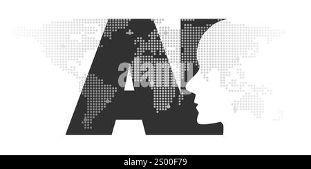 Maschinelles Lernen in Schwarzweiß, Künstliche Intelligenz, Cloud-Computing, Technologie- und Netzwerkdesign-Konzept mit gepunkteter Weltkarte, Roboterface A Stock Vektor