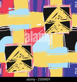 Abstrakter handgezeichneter Hintergrund. Farbenfrohe geometrische Muster mit Formen und Schattierungen bilden eine lebendige visuelle Komposition. Skizzierte Quadrate und Stock Vektor