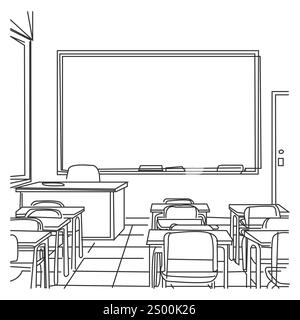 Durchgehende, einzeilige Inneneinrichtung im Schulklassen mit Whiteboard. Leeres Schulzimmer, 3D-Darstellung Innenbild, zurück zu Stock Vektor