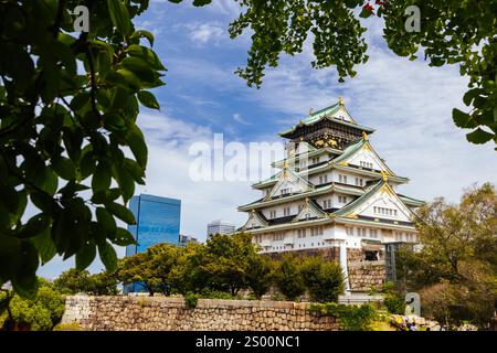 OSAKA, JAPAN - 25. SEPTEMBER 2024: Das berühmte Schloss Osaka und die üppige Umgebung an einem warmen, klaren Herbsttag in Osaka, Japan am 25. September 2024 Stockfoto