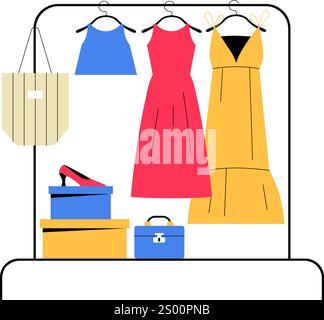 Kleiderständer Mit Kleidern Und Accessoires In Der Flachen Vektor-Illustration, Die Mode, Einkaufen Und Stil Symbolisiert, Isoliert Auf Weißem Hintergrund. Stock Vektor