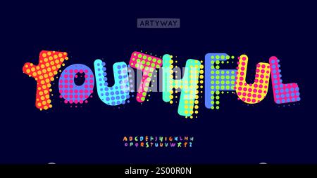 Lustiges gepunktetes Alphabet, verspielte Comic-Buchstaben mit leuchtenden Punkten, Halbtonschrift für jugendliche Headline, Logo, Branding, Typografie, bunt Stock Vektor