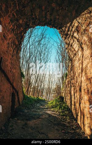 Bogengangstunnel aus Ziegeln auf der Festung Petrovaradin in Novi Sad, Serbien. Selektiver Fokus. Stockfoto