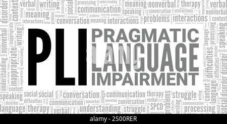 Pragmatic Language Impairment PLI Word Cloud konzeptuelles Design isoliert auf weißem Hintergrund. Stock Vektor