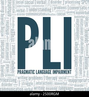 Pragmatic Language Impairment PLI Word Cloud konzeptuelles Design isoliert auf weißem Hintergrund. Stock Vektor