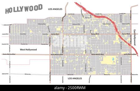 Karte des Hollywood-Viertels, Los Angeles, Kalifornien Stockfoto