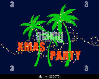 Weihnachtsfeier. Palmensilhouetten mit Weihnachtsgirlande und bunten Lichtern. Girlanden Dekoration tropische Palmen. Design für Begrüßung Stock Vektor
