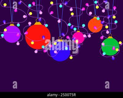 Frohe Weihnachten. Grußkarte mit hängenden Weihnachtskugeln. Bunte Glühbirnen, die sich um Weihnachtsbaumkugeln wickeln. Design für Inv Stock Vektor