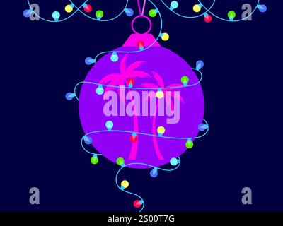 Hängende Weihnachtsbaumkugel mit Palmensilhouetten und einer Girlande aus mehrfarbigen Glühbirnen, die sich um den Ball wickeln. Design-Weihnachtsbaum Deko Stock Vektor