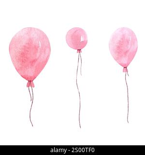 Pinkfarbener Ballon isoliert auf weiß. Aquarell handgezeichnet hochwertige Illustrationsballons für Notizbücher, Karten, Geburtstage, Feiern Guides Stockfoto