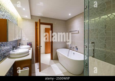 Innenausstattung des luxuriösen Apartments mit Bad mit Badewanne und Duschkabine Stockfoto