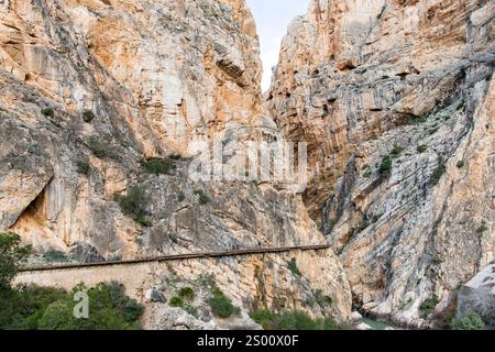 Pfad des El Caminito del Rey (der kleine Pfad des Königs) in der Nähe von El Chorro, Malaga, Spanien, entlang der steilen Wände einer schmalen Schlucht in Bergring Stockfoto